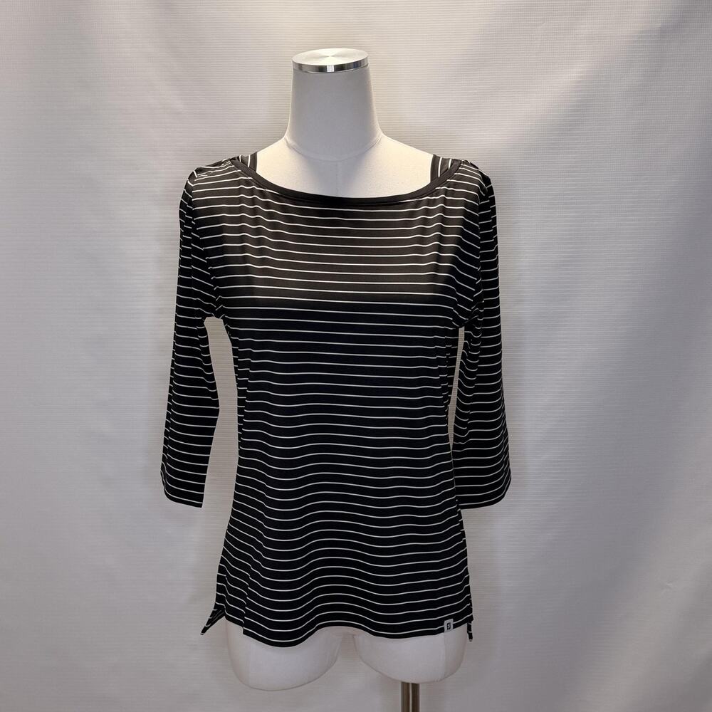 FootJoy Shirt Womens Medium Black White Striped 3/4 Sleeve Boat Neck Golf